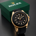 ( Golden ) Rolex Stylish Watch For Men Adjustable Rubber Strap | Heavy Master Lock | Steel Buzzle Working - Without Box