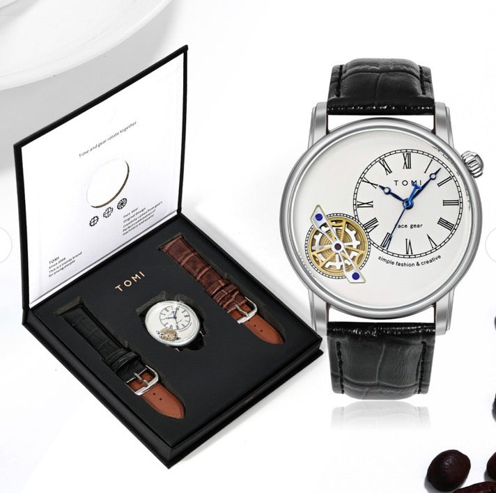 Men's Watch Analog Leather Wrist Watch – Elegant Quartz Watch With Double Strap & 3ATM Waterproof ( Random Color )
