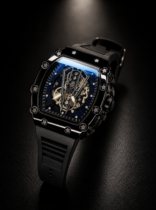 Men's Black Square Skeleton Watch with Skeleton Dial