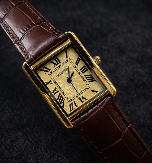 Cartier Style Rectangular Analog Watch for Men – Brown Leather Strap | Quartz Wrist Watch - Golden
