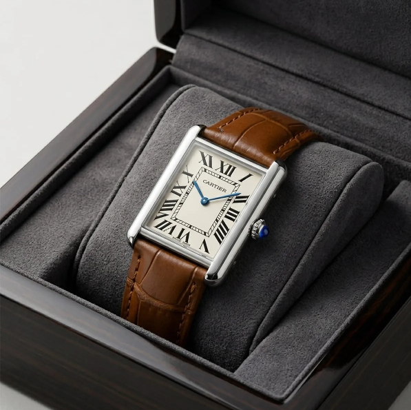 Cartier Style Rectangular Analog Watch for Men – Brown Leather Strap | Quartz Wrist Watch - Golden