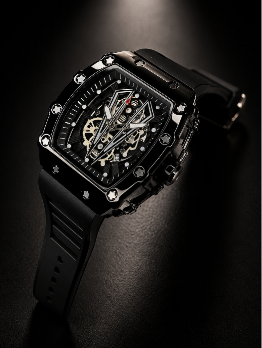 Men's Black Square Skeleton Watch with Skeleton Dial